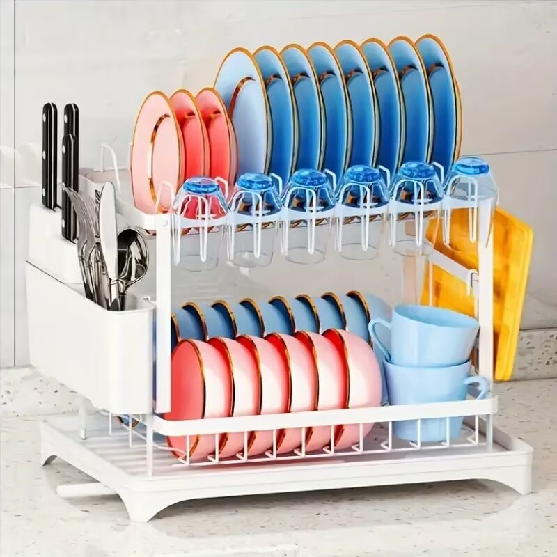 2-Tier Kitchen Dish Drying Rack – Double Layer Drain Rack Organizer for Countertop Storage