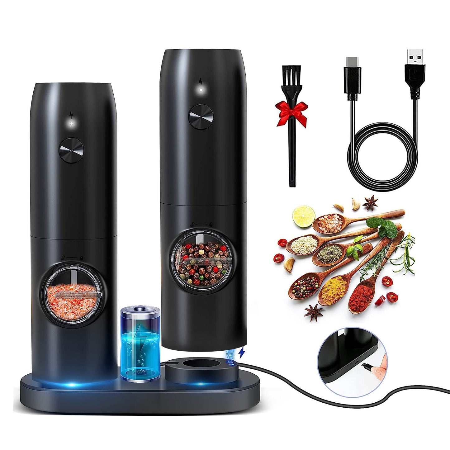 Rechargeable Electric Salt & Pepper Grinder Set with Charging Base – Automatic One-Hand Operation, LED Light & Adjustable Coarseness