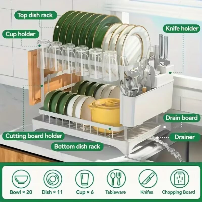 2-Tier Kitchen Dish Drying Rack – Double Layer Drain Rack Organizer for Countertop Storage