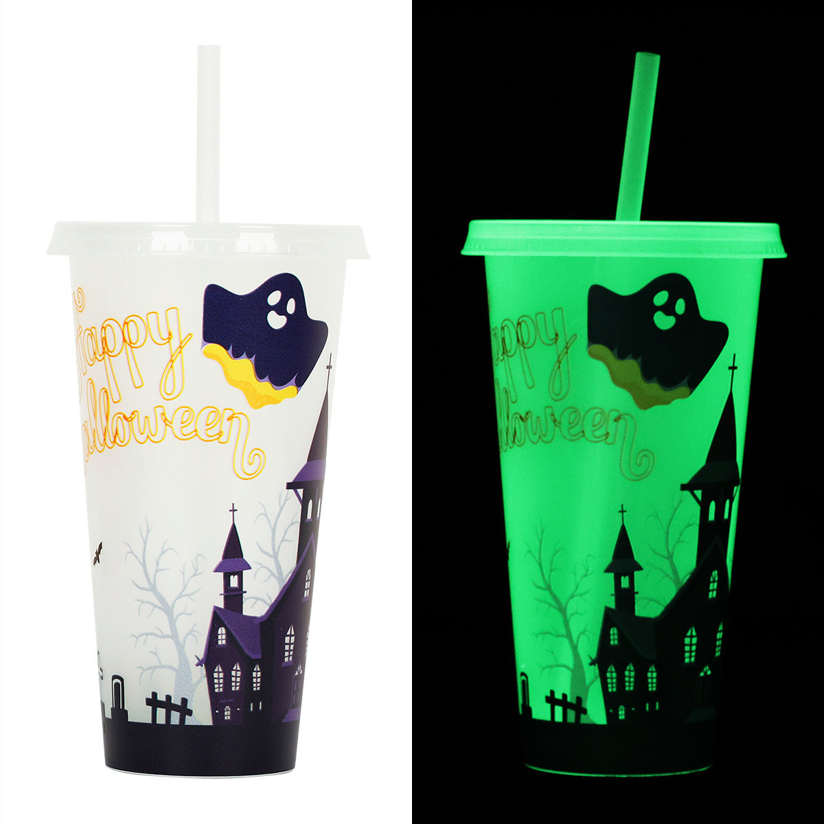 Halloween Luminous Straw Cup – Glow in the Dark Reusable Plastic Tumbler with Lid & Straw for Party, Drinks & Gifts