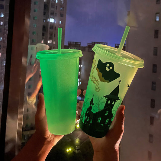 Halloween Luminous Straw Cup – Glow in the Dark Reusable Plastic Tumbler with Lid & Straw for Party, Drinks & Gifts