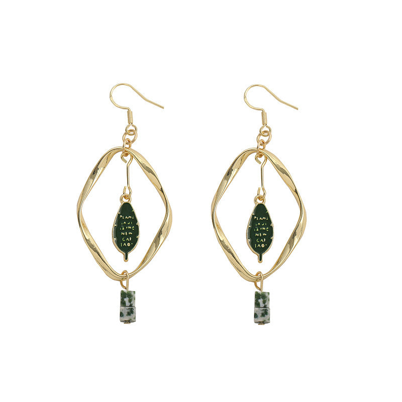 Vintage Green Bird Leaf Earrings – Retro Mori Style Geometric Ear Clips for Women