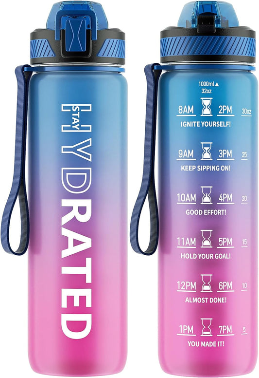 QLUR 32oz Motivational Water Bottle with Straw & Time Marker – Large Reusable Sports Water Jug