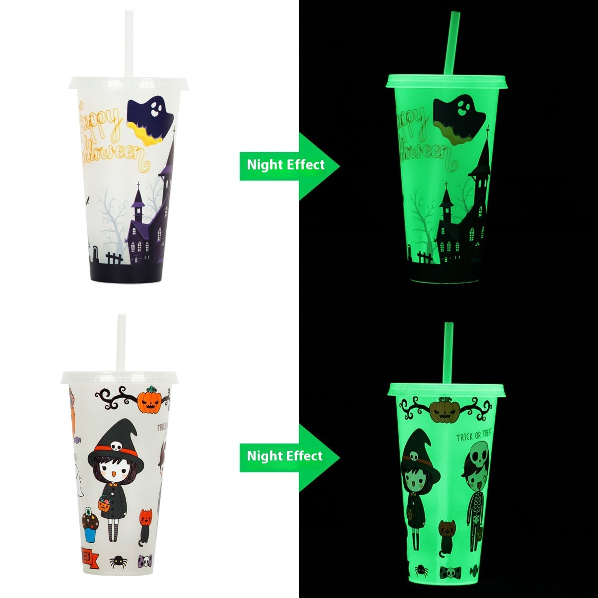 Halloween Luminous Straw Cup – Glow in the Dark Reusable Plastic Tumbler with Lid & Straw for Party, Drinks & Gifts