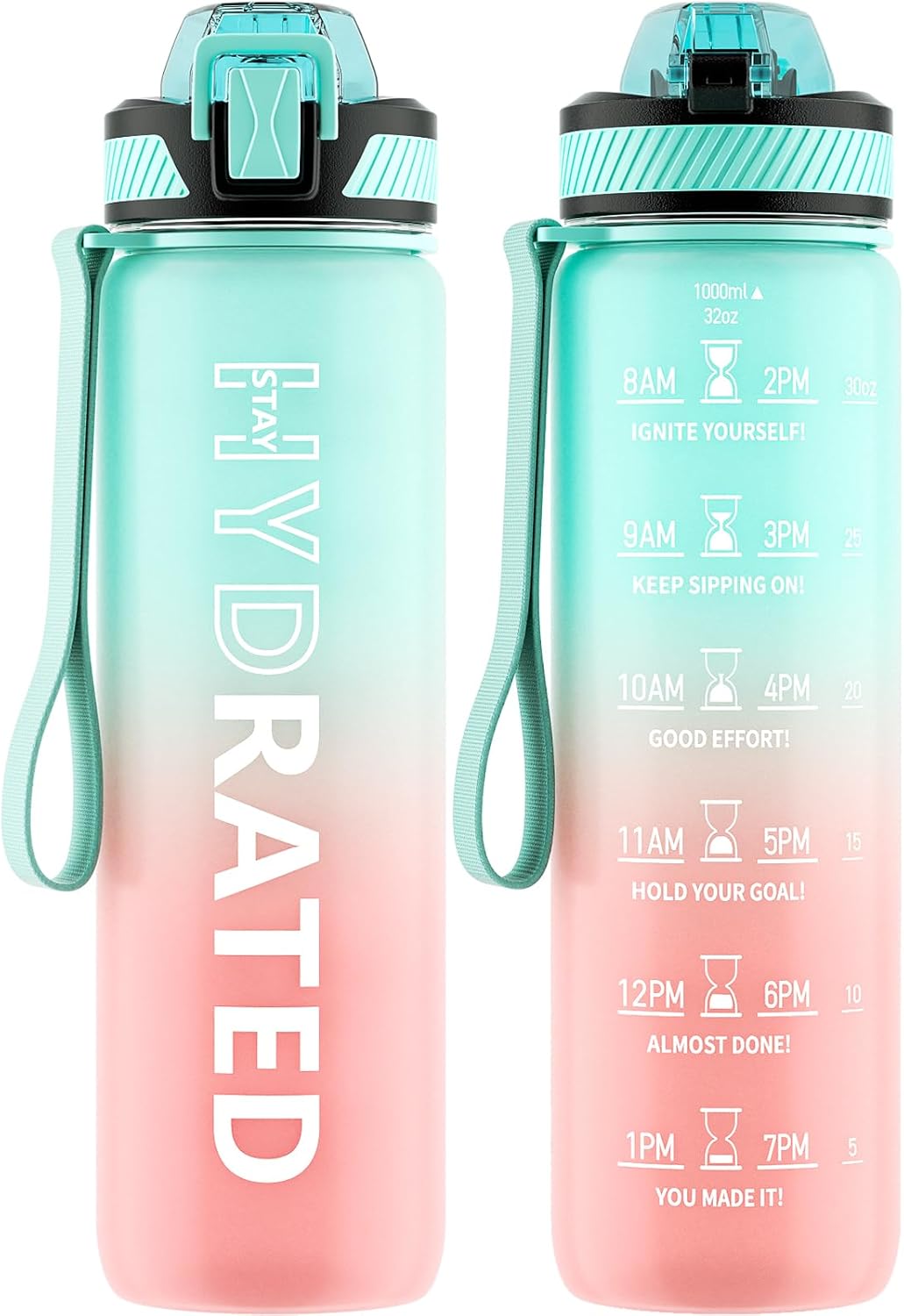QLUR 32oz Motivational Water Bottle with Straw & Time Marker – Large Reusable Sports Water Jug