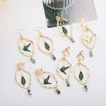 Vintage Green Bird Leaf Earrings – Retro Mori Style Geometric Ear Clips for Women
