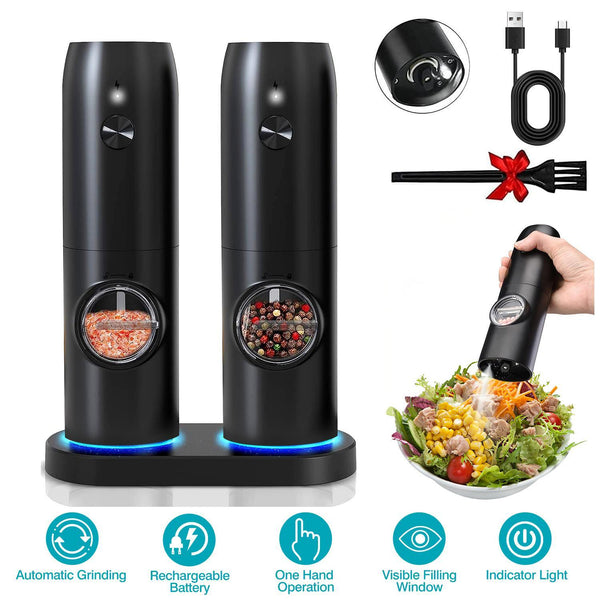 Rechargeable Electric Salt & Pepper Grinder Set with Charging Base – Automatic One-Hand Operation, LED Light & Adjustable Coarseness
