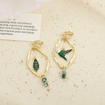 Vintage Green Bird Leaf Earrings – Retro Mori Style Geometric Ear Clips for Women