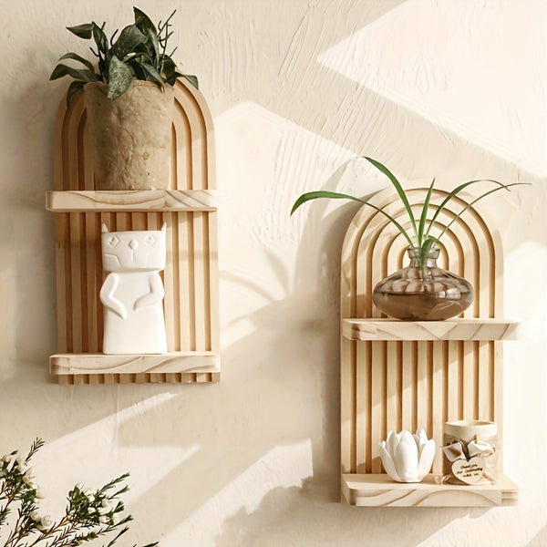 2-Tier Wooden Wall Shelves. Curved Faux Wood, Space-Saving Decorative Storage